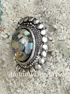 BLACK OPAL Silver Ring with Iridescent Mosaic Cabochon